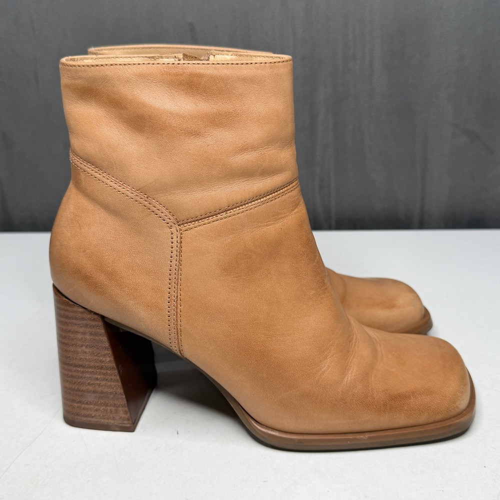 Premier Daiby Ankle Boots Women 7B Tan Leather Square Toe Stacked Block Heel 90s
